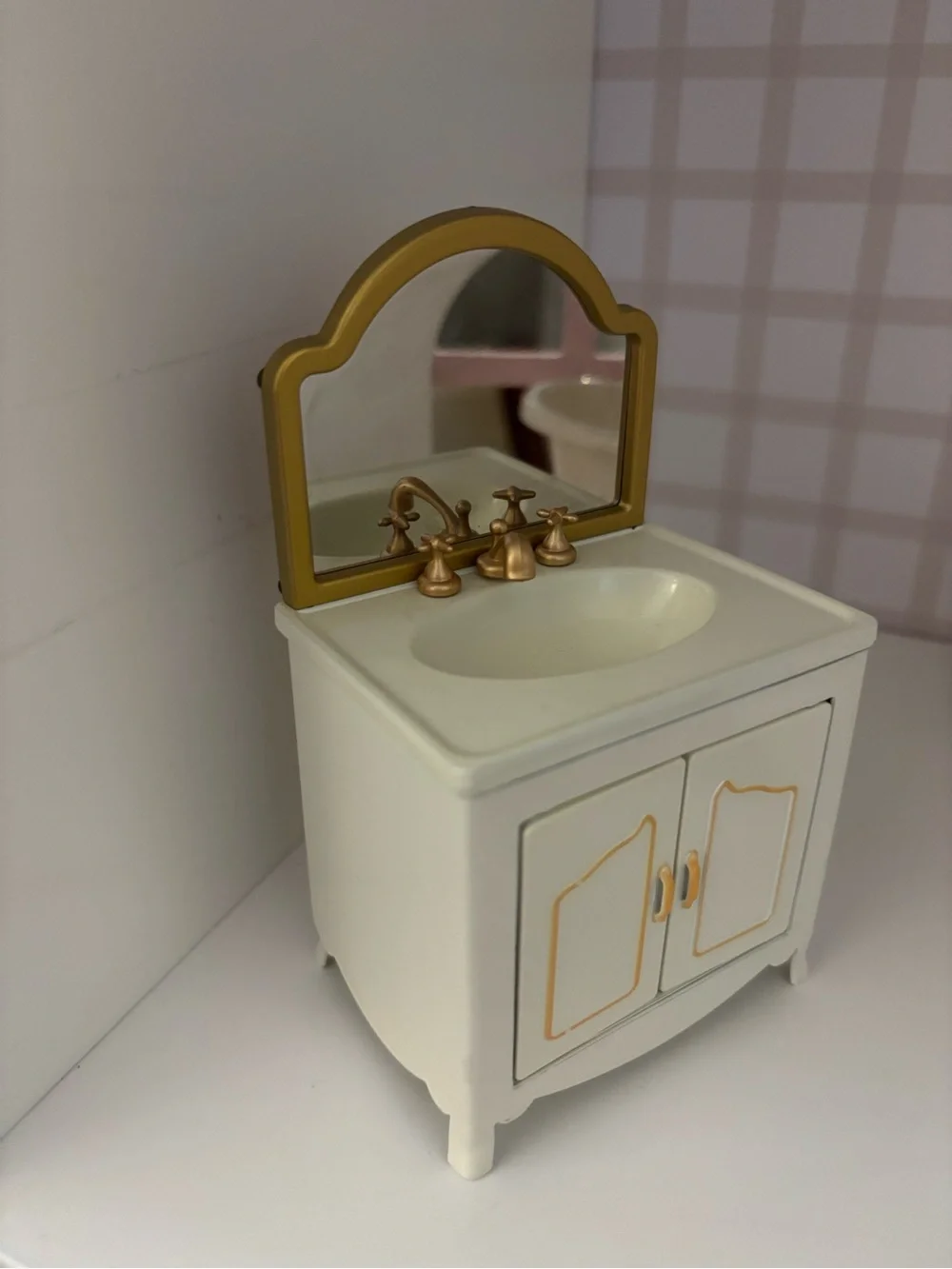 White & Gold Doll Vanity Sink with Mirror
